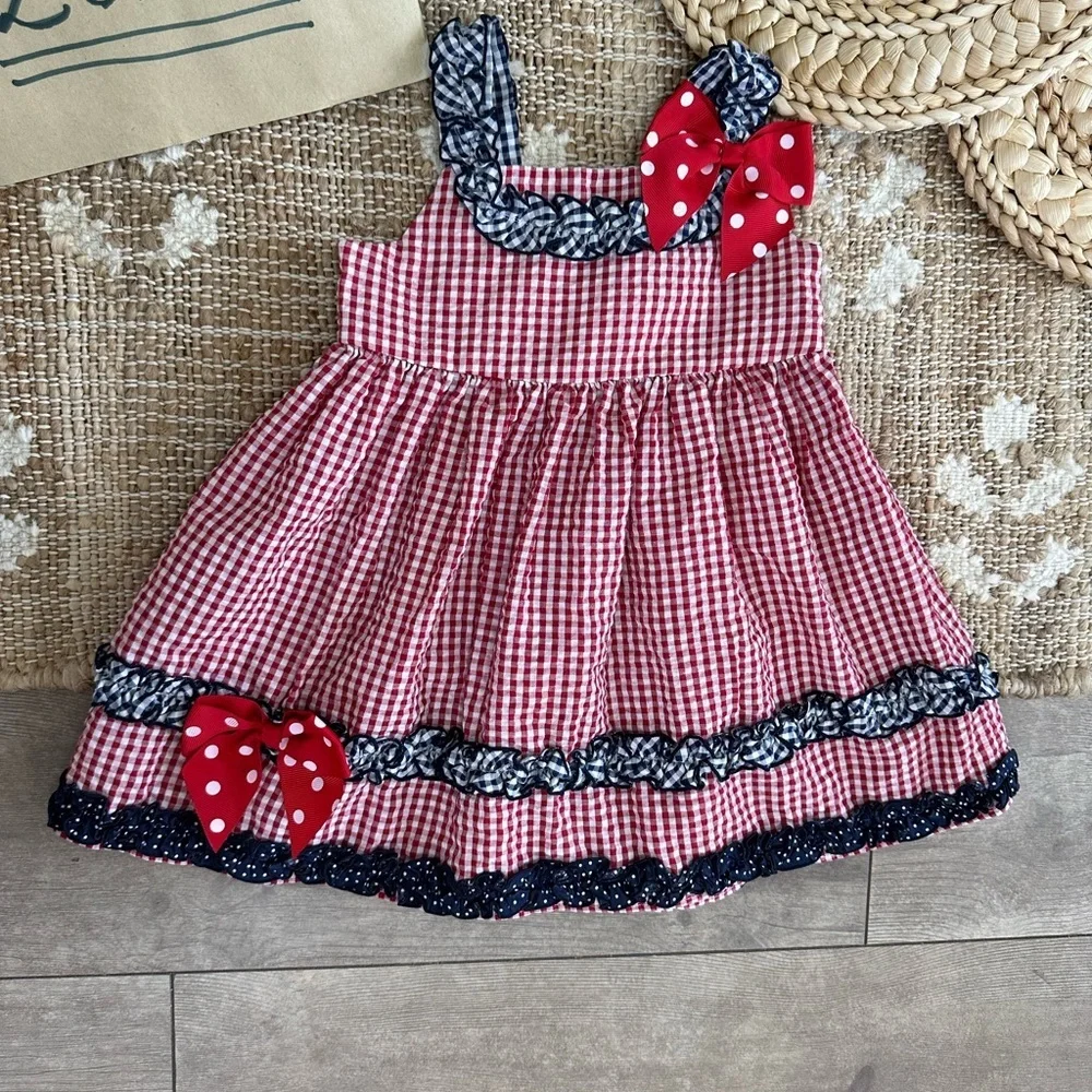 Bonnie Baby Girl’s 4th of July Gingham Dress Red White Blue Ruffle Patriotic